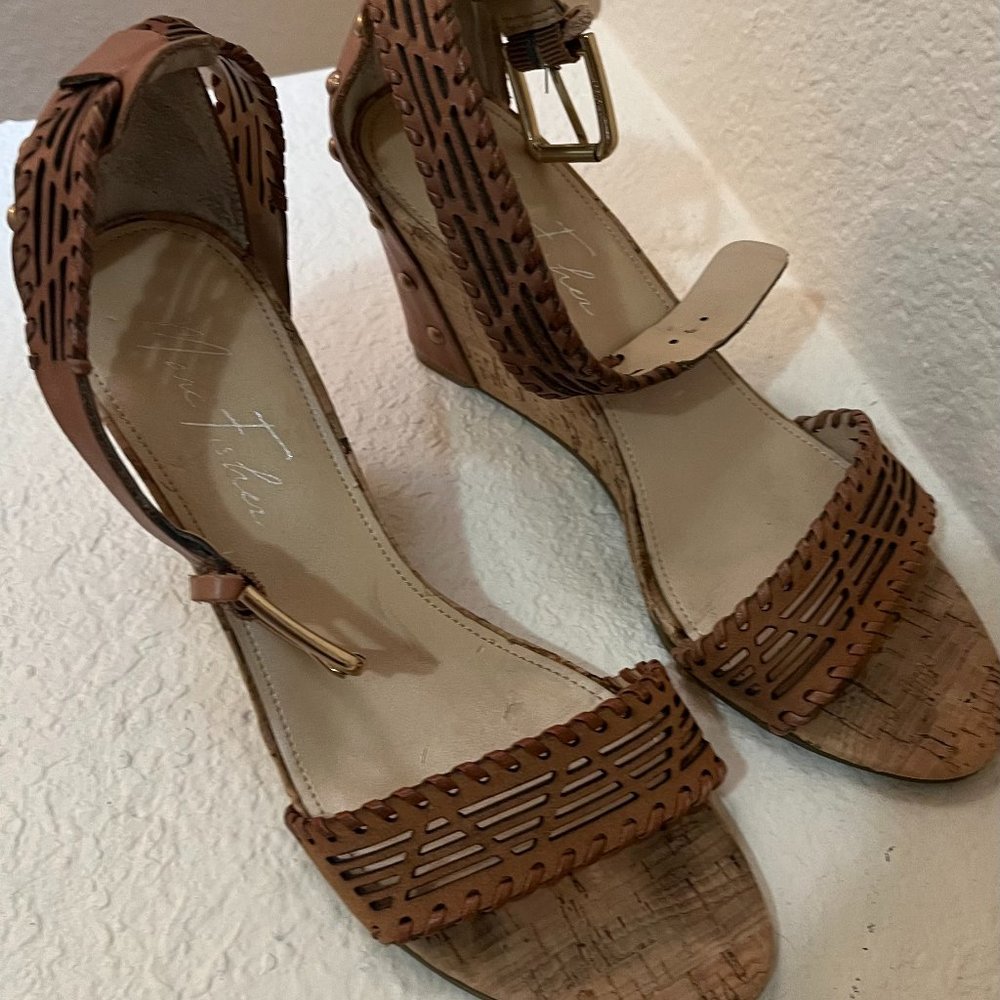 Marc Fisher Tan open toed wedges. Cork heel, leather upper. Size 8M